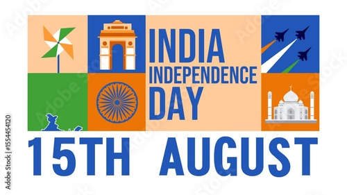 Looping 4k animation with colorful flat icons representing Indian Independence Day: India Gate, Ashoka Chakra, flag, planes, Taj Mahal, and map. Bold “15th August” text included.