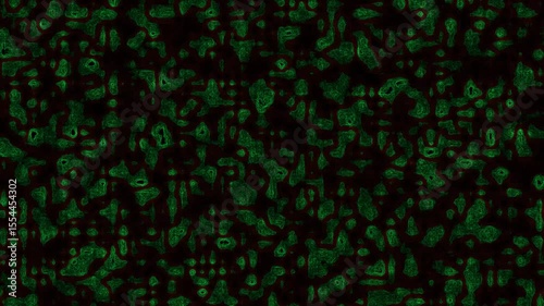Green random particle movement in dark background. Bio hazard chemical motion graphics animation.