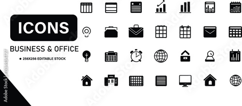 Collection of Business and Office Icons in Black and White Style