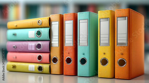 Colorful folders and binders stacked neatly on clean desk surface, suitable for office organization, paperwork management, and professional workspace visuals