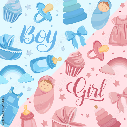 Gender reveal party card Boy or girl baby elements Pink or blue
