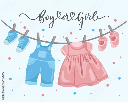 Boy or girl Hanging baby blue and pink clothes Gender reveal greeting card