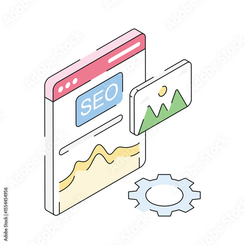 Premium isometric icon showing seo content optimization tool