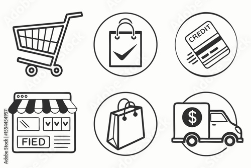 Shopping cart bag credit store and truck icons on white background