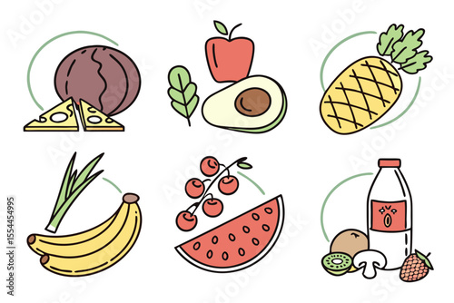 Assorted fruits and vegetables in circular designs isolated on white
