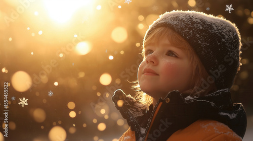Christmas child in warm winter clothes gazing at falling snow in golden sunset light with dreamy bokeh background. Peaceful seasonal portrait.