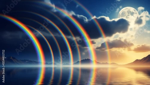 Multiple layered rainbows reflected on tranquil lake beneath full moon in surreal night sky. Nature and fantasy concept