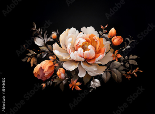 Elegant floral arrangement featuring a large peony and smaller blossoms in warm orange and cream tones against a dramatic black background. The image showcases detailed