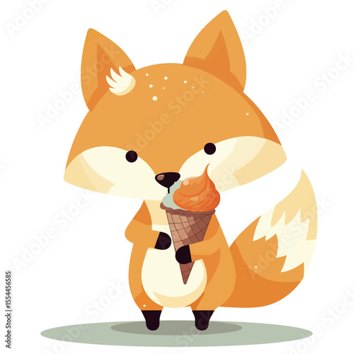 Cute vector cartoon fox holding an ice cream cone on a transparent background
