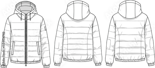 Winter puffer jacket front and back view fashion sketch, detailed outerwear design, stylish cold weather garment, garment illustration for fashion designers, seasonal clothing concept