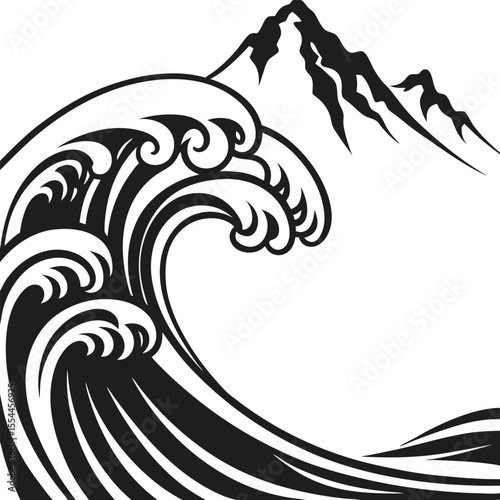Powerful wave crashing against a majestic mountain silhouette.