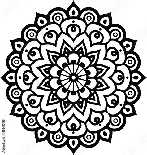 Intricate black and white mandala design with heart shapes, ornamental symmetrical pattern art

