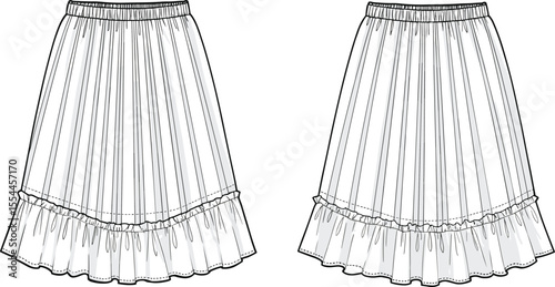Fashion illustration of ruffled hem skirts with elegant detailing, garment design sketch for sewing patterns, stylish clothing concept, apparel artwork for designers, fashion enthusiasts