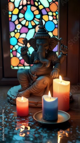 A beautiful arrangement of candles and a Ganesha statue highlights the Diwali celebration. Ganesha wishes good luck