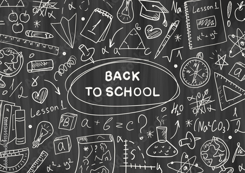 Back to School chalkboard with hand-drawn school supplies. Chalkboard banner design. Education concept, text space, information announcement. Notebook, pencil, globe, tasks, map, books doodle clipart.