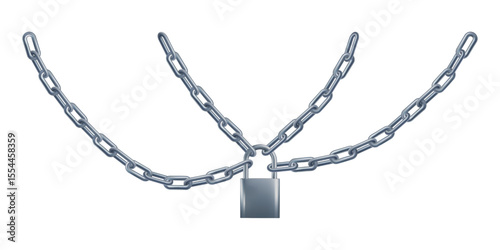 3d metal chain isolated. Vector silver steel locked icon. Security hanging padlock realistic render. Abstract safety connected rings, long strong heavy border. Closed blocked access, protected parcel