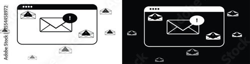 Vector of email alert and phishing warning in browser window with exclamation icons, black and white theme concept for spam, malware, or online security threats.