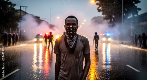 A young man with a bandana covers his face, standing defiantly on a wet street at night amid smoke and police lights during a protest or civil unrest