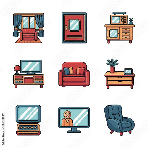 Icon set of cozy home furniture and decor illustrations