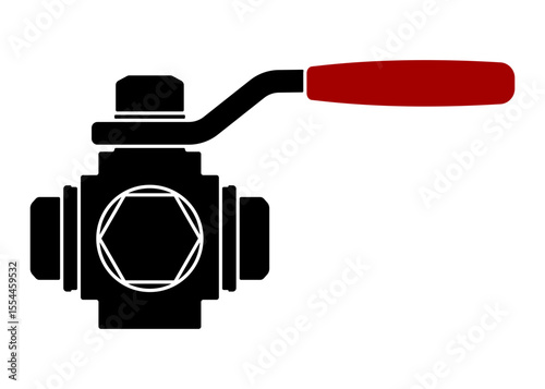 Minimalistic black icon of a ball valve with red shut-off handle, plumbing or industrial equipment, simple silhouette without background