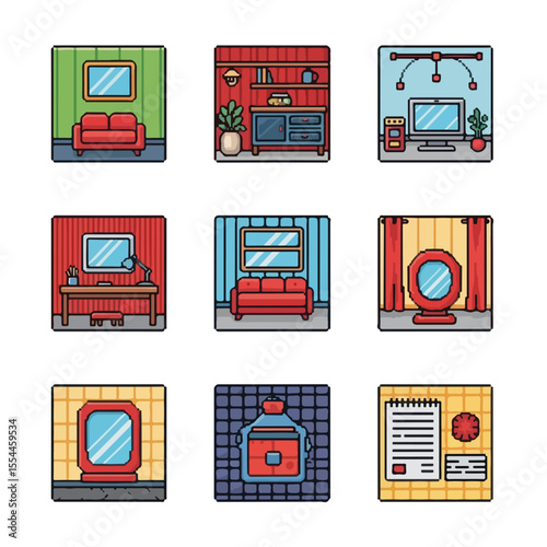 Colored icons of cozy living room decor