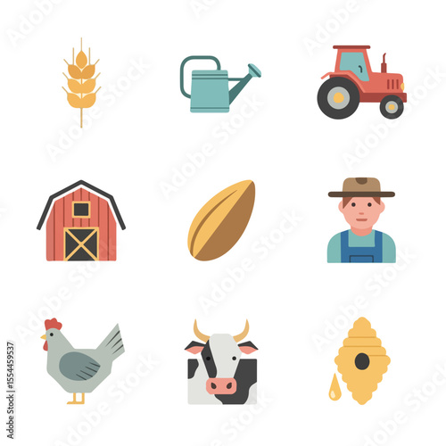 Farm-themed icon set featuring agriculture and livestock elements