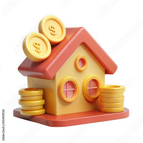 3d cartoon house with gold coins isolated on transparent background