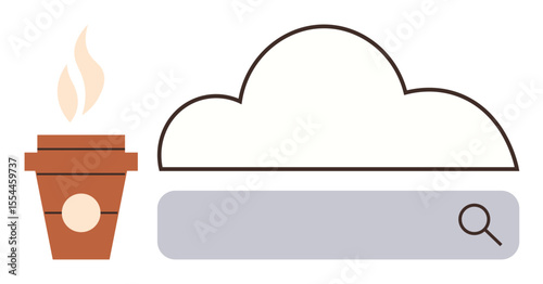 Coffee cup beside a cloud and search bar with magnifying glass. Ideal for cloud storage, internet browsing, productivity, office atmosphere, web tools, casual work, simple flat metaphor