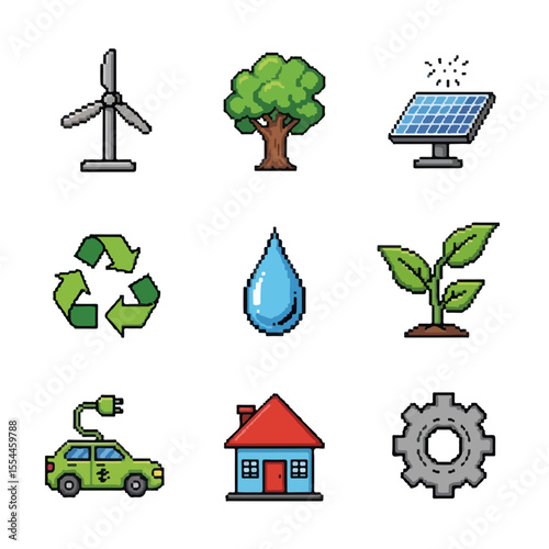 Eco-friendly icons set in pixel art style