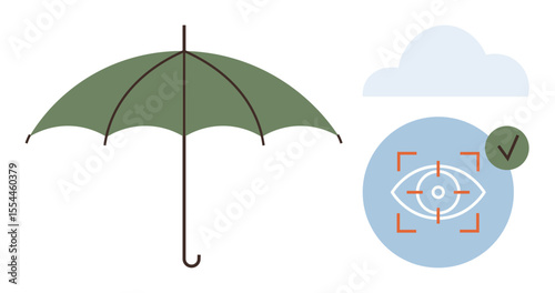 Green umbrella symbolizing protection beside an eye-focused security icon with a cloud and verification check. Ideal for privacy, security, monitoring, protection, verification, safety, cloud-based