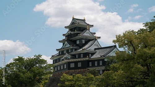 Grand traditional Japanese castle standing tall amidst vibrant green trees.