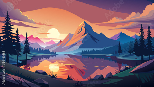 mountain, lake, sunset, reflection, water, nature, pine trees, scenery, calm, landscape, serene, mirror, dusk, semi-realistic, golden hour, peaceful, beautiful, tranquil, outdoor, detailed, light, for