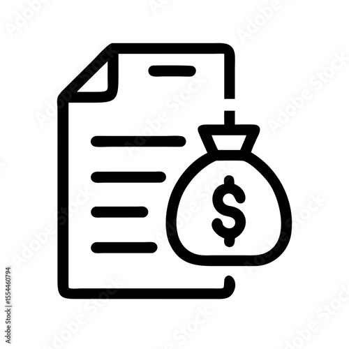 Outlined icon showing a financial document and a money bag with dollar sign, representing budgeting, savings, or finance planning.
