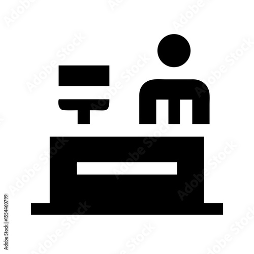 Bold black icon depicting a cashier at a cash counter with a register, representing retail checkout or point-of-sale.

