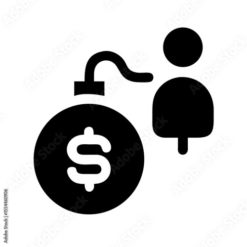 Black icon of a person next to a money bomb with a dollar sign, symbolizing financial crisis, debt pressure, or economic risk.
