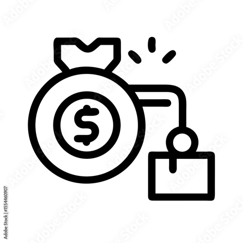 Black line icon showing a money bag with a dollar sign attached to a heavy weight, symbolizing financial debt, burden, or liability.

