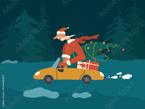 Happy new year vector illustration. Santa driving small yellow car through snowy night forest. Santa Claus bringing decorated Christmas tree, holiday gift boxes. Flat cartoon style greeting card, ad