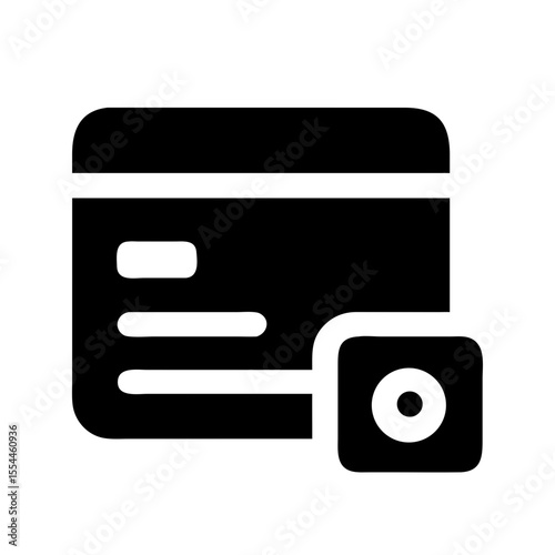 Black icon of a debit card with a circular authentication mark, representing secure payments, card protection, and financial transactions.
