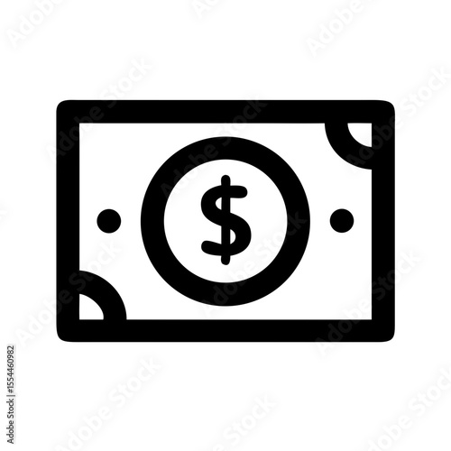 Black line icon of a dollar banknote, symbolizing cash, payment, finance, currency exchange, or monetary transactions.
