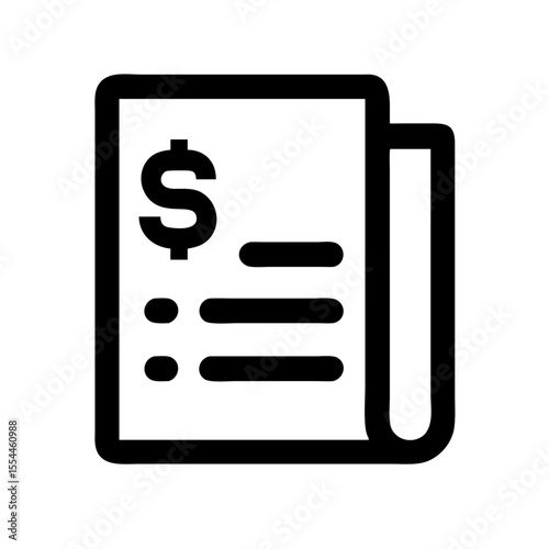 Black line icon of a document featuring a dollar sign and bullet points, representing an expense list, budget breakdown, or financial summary.
