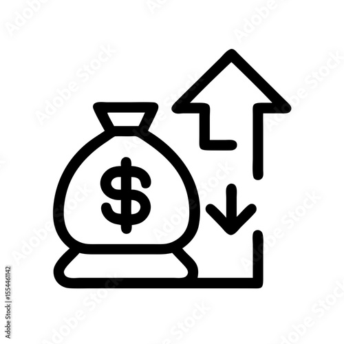 Black outline icon of a money bag with up and down arrows, symbolizing fluctuating interest rates, financial growth, or loan rate changes.

