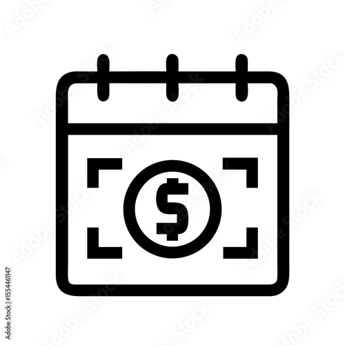 Black outline icon of a calendar highlighting a dollar symbol, representing financial planning, budgeting schedule, or income tracking.
