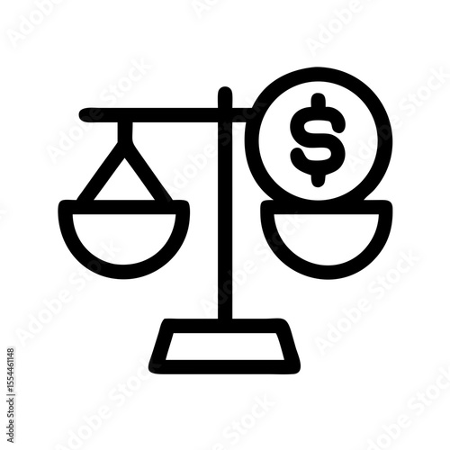 Black outline icon of a balance scale with a dollar sign, symbolizing financial fairness, cost analysis, value comparison, or economic justice.
