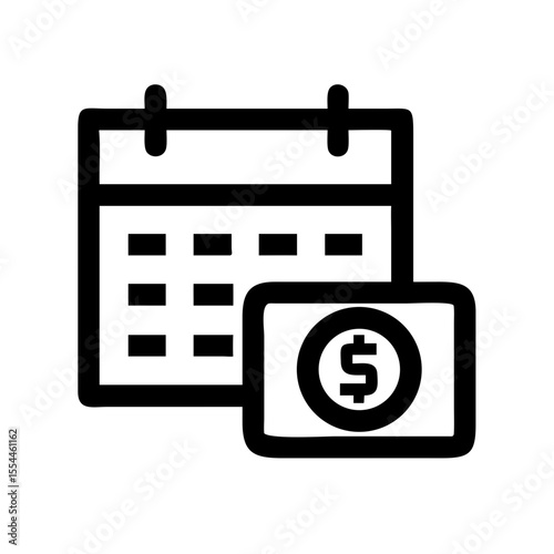 Black outline icon showing a calendar and a dollar sign card, representing monthly budgeting, expense tracking, or financial planning.
