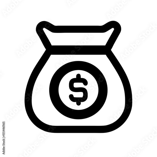 Black outline icon of a money pouch featuring a dollar sign, representing savings, cash reserves, wealth, or financial security.
