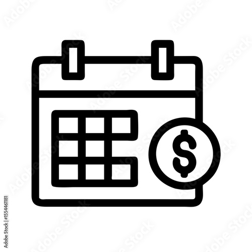 Black outline icon of a calendar with a dollar symbol, representing monthly budgeting, financial planning, or scheduled payments.
