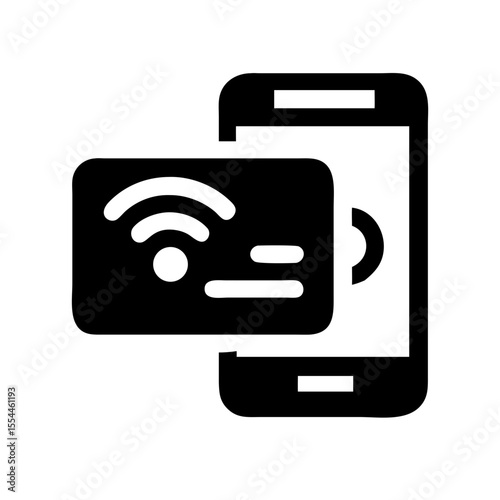 Black icon of a smartphone behind a contactless payment card, symbolizing NFC technology, wireless transactions, or mobile financial services.
