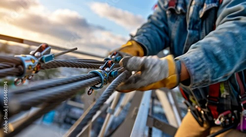 Working at Height: A focused construction worker, clad in a denim jacket and safety gloves, meticulously adjusts a steel cable, emphasizing safety and precision in this crucial task.