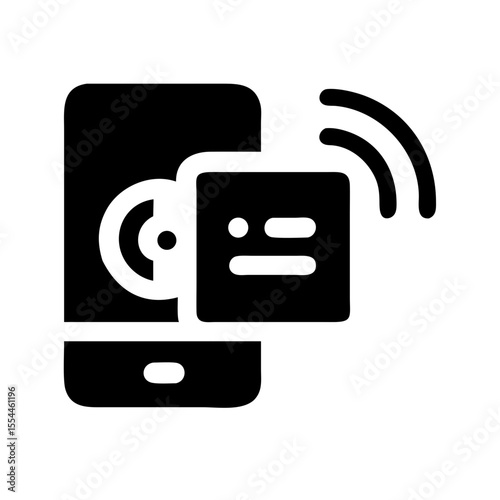 Black icon of a smartphone emitting a wireless signal with a credit card, representing NFC payment, contactless transaction, or mobile wallet use.
