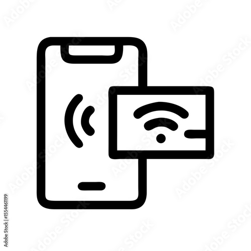 Black outline icon of a smartphone and a wireless-enabled card, symbolizing NFC payments, contactless transactions, or mobile financial technology.
